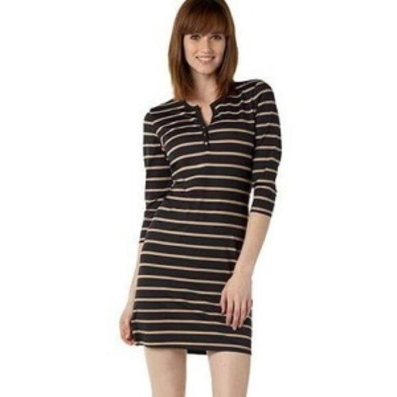 J. McLaughlin Lynn Henley Dress Catalina Knit 3/4 Sleeve Size S Black and‎ Beige - Picture 1 of 12